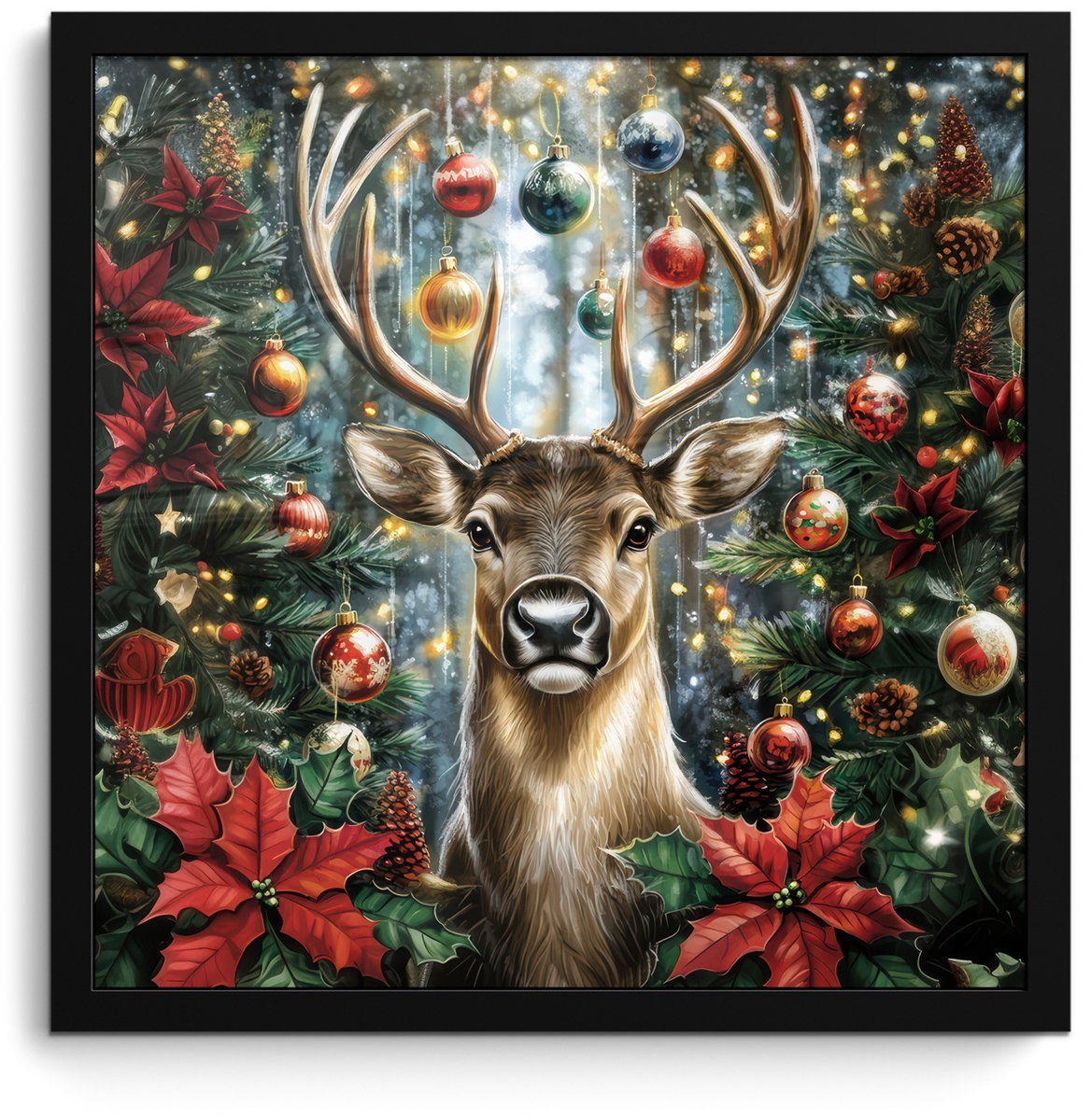 FrameYourWall Poster in lijst - Fotolijst 40x40 cm - Posters - Kerstfeest - Dennenbos - Rood - Posterlijst zwart - Decoratie - Wanddecoratie woonkamer - Muurdecoratie slaapkamer - Kerstversiering - Kerstdecoratie voor binnen - Kerstmis