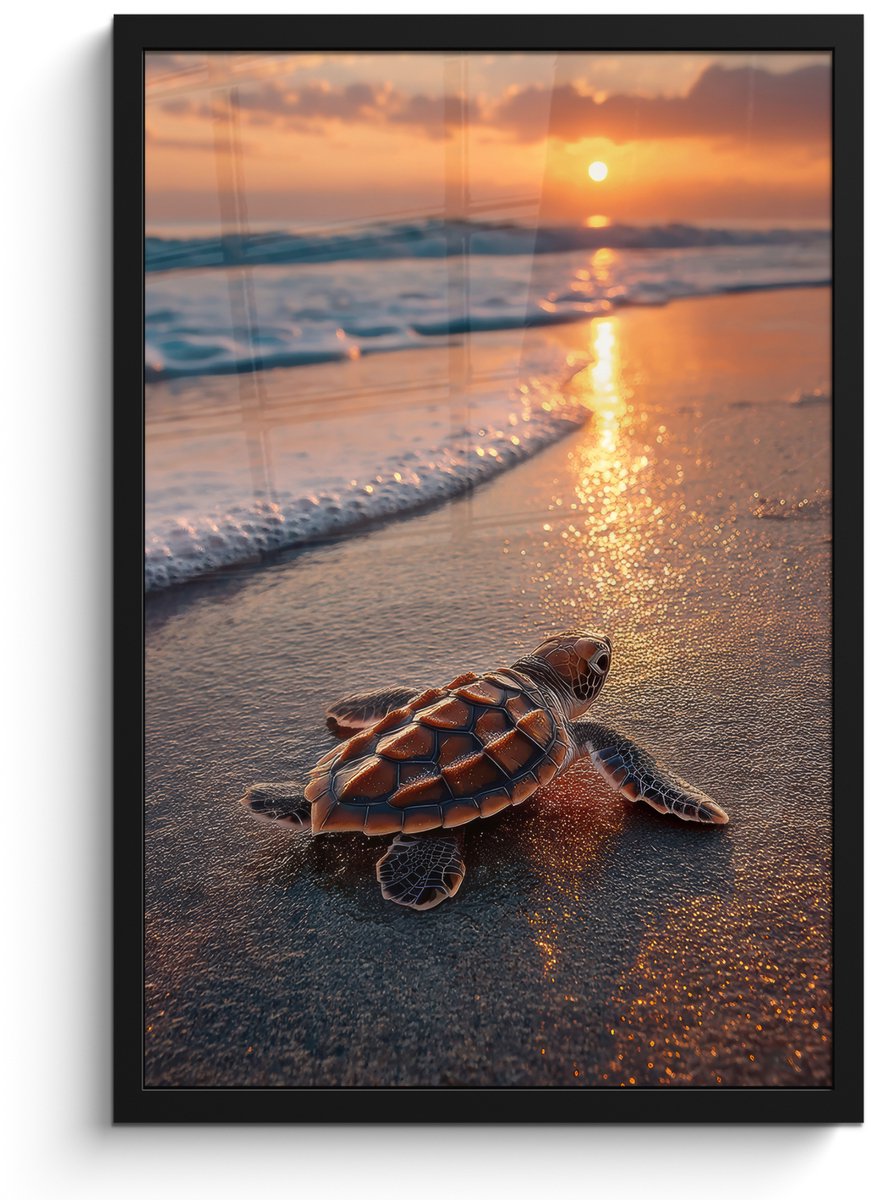 FrameYourWall Poster in lijst - Fotolijst 40x60 cm - Posters - Schildpad - strand - Zonsondergang - Posterlijst zwart - Decoratie - Wanddecoratie woonkamer - Muurdecoratie slaapkamer