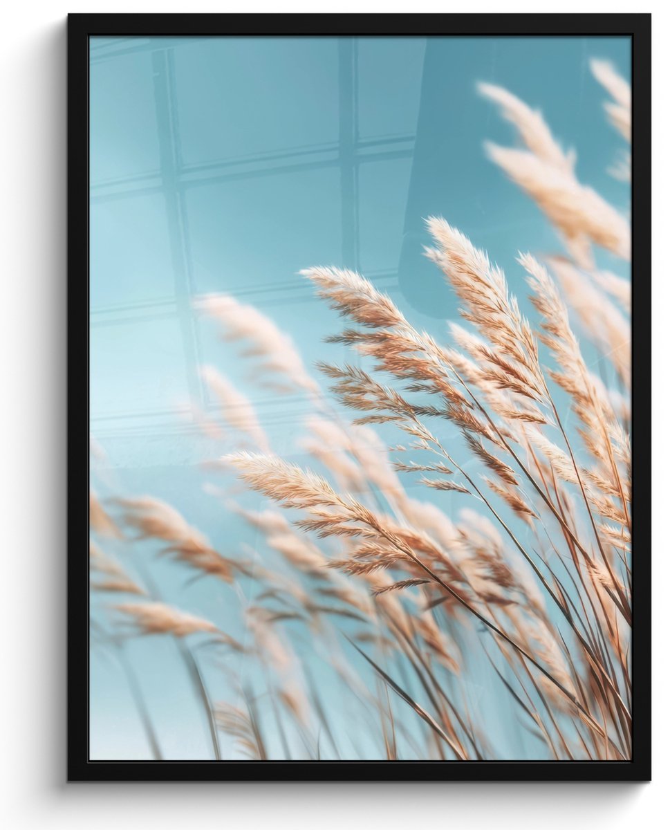 FrameYourWall Poster in lijst - Fotolijst 60x80 cm - Posters - Siergras - Wind - Lichtbruin - Posterlijst zwart - Decoratie - Wanddecoratie woonkamer - Muurdecoratie slaapkamer