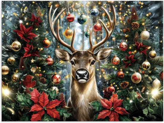 Poster 80x60 cm - Kerstfeest - Dennenbos - Rood - Posters - Kamer decoratie - Wanddecoratie woonkamer - Muurdecoratie slaapkamer - Kerstversiering - Kerstdecoratie voor binnen - Kerstmis