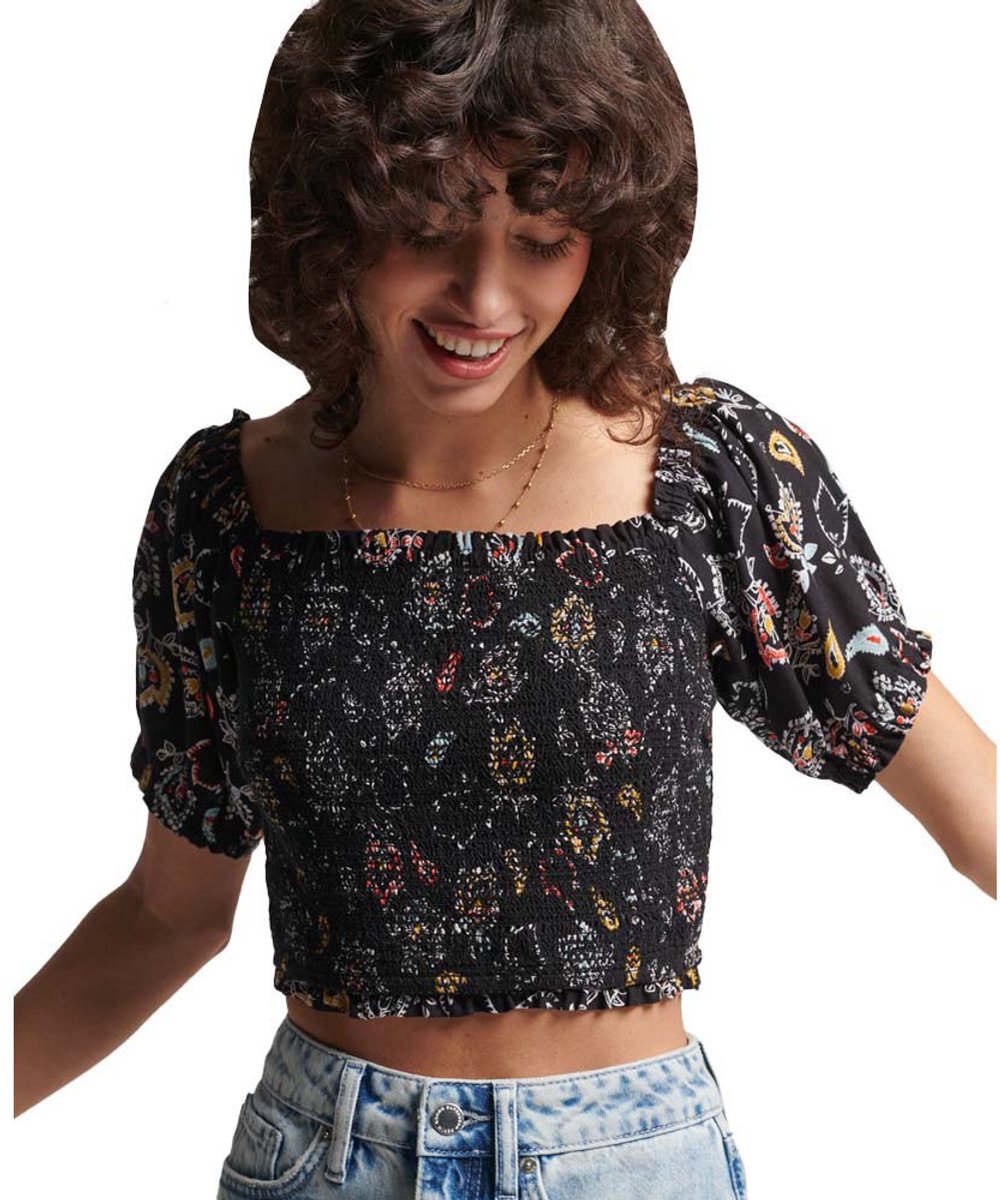 Superdry Vintage Smocked Crop Korte Mouw Top L Vrouw Olivia Paisley Floral
