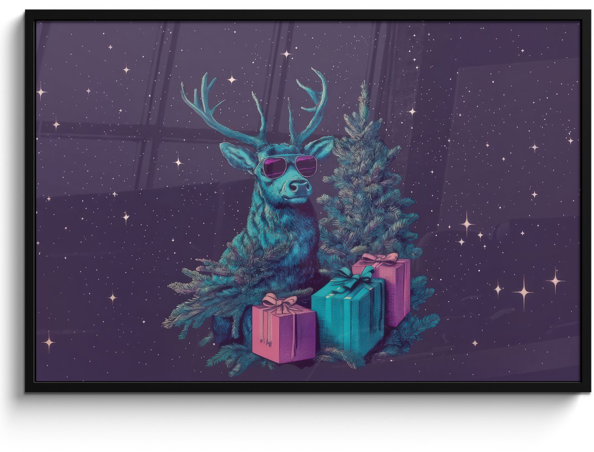 FrameYourWall Poster in lijst - Fotolijst 120x80 cm - Posters - Rendier - Zonnebril - Neon - Kerstboom - Posterlijst zwart - Decoratie - Wanddecoratie woonkamer - Muurdecoratie slaapkamer - Kerstversiering - Kerstdecoratie voor binnen - Kerstmis