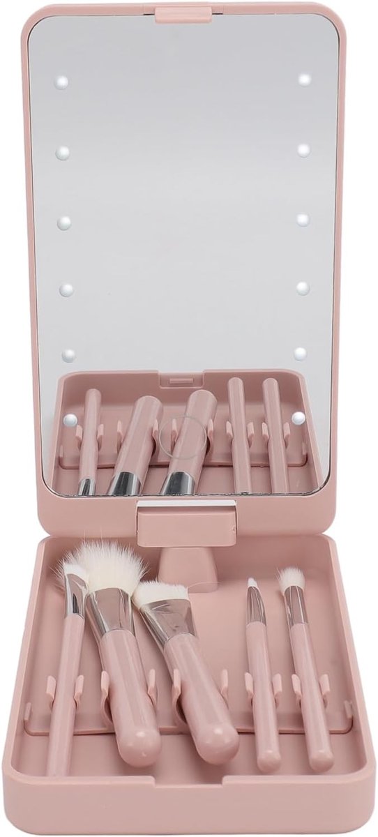 Makeup Borsteldoos met Spiegel - Draaibare LED Makeup Borstelset voor Thuis en Reizen