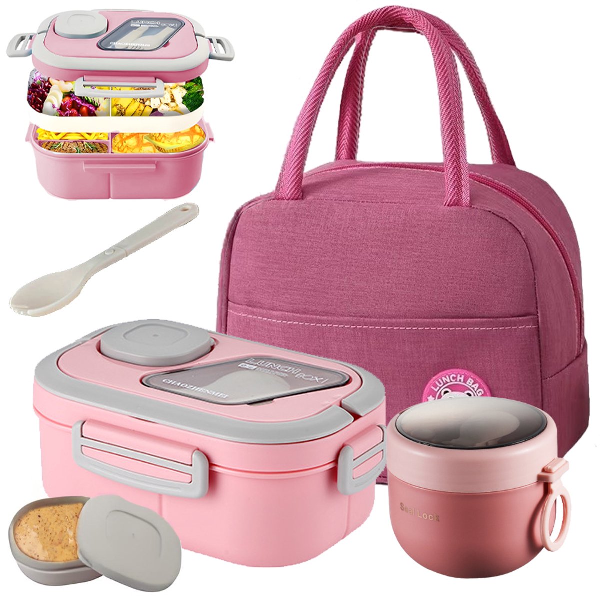 Lunchbox Set 1200+600ml voor Vaatwasser & Magnetronbestendig - Yoghurt en Muesli beker to go - broodtrommel met sausbox en bestek - Lunchpot met Isolerende Draagtas -Bento box voor volwassenen en kinderen - Voor Werk, School, Picnic - Roze — afbeelding 1