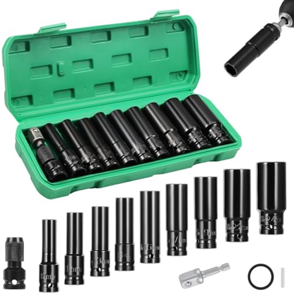 11-delige diepte impact set voor 1/2 inch metrische afdrijfwerkzeugen - Lange socket set voor auto-reparaties