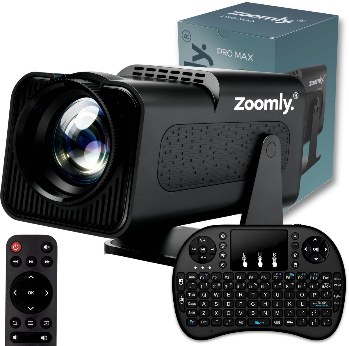 Zoomly® Pro Beamer - Projector - Mini Beamer - Full HD - Ondersteund 4k - Home Cinema - Android 12.0 - WiFi 6 & Bluetooth 5.2 - 200 ANSI - Wit