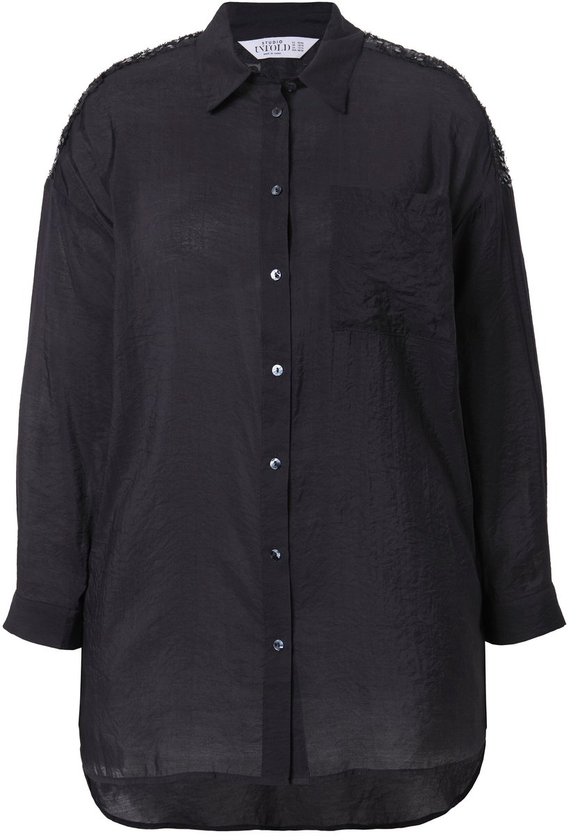 Studio Untold - Dames - Blouse oversized franje en pailletten op de schouders - Zwart - Maat 42+