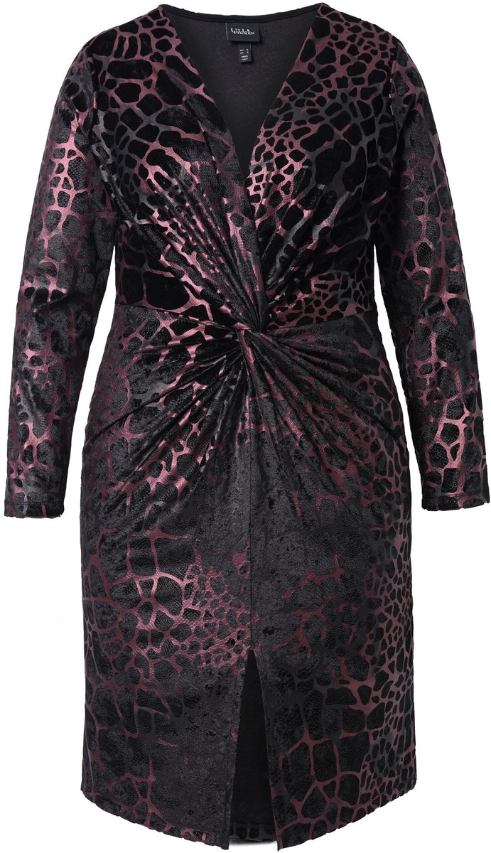 Ulla Popken Dames - Jersey jurk dieren-flockprint V-hals lange mouwen - Zwart