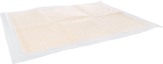 Een beige, geplooide bamboe trainingspad met ruitpatroon op een doorzichtige plastic verpakking.