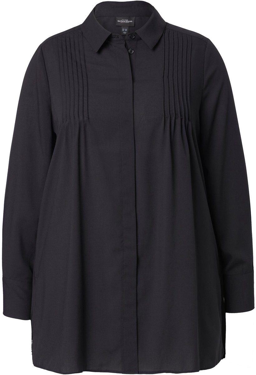 Ulla Popken - Dames - Blouse geplooide rug A-lijn overhemdkraag lange mouw - Zwart - Maat 50+