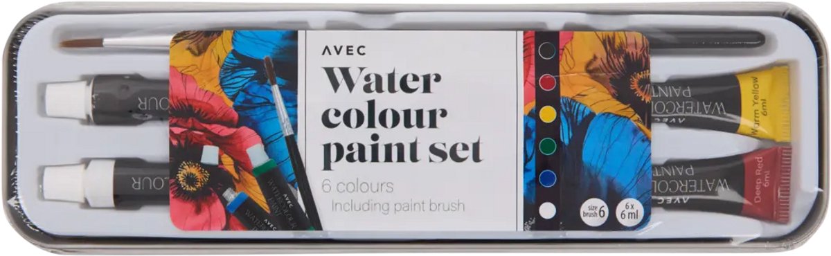 Avec - water colour paint set - waterverf aquarel verf set - 6 tubes van 6ml - 1 verfkwast maat 6 - basisset