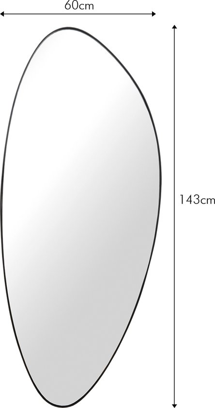 Asymmetrische spiegel van 143x60cm met zwarte rand.