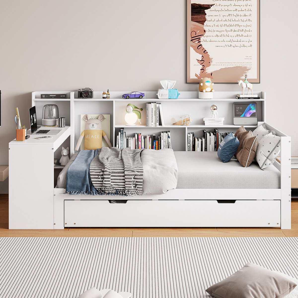 Merax Slaapbank 90x200 cm - met bureau - boekenplank - opbergrek - met stopcontact - met uitschuifbaar bed - wit - zonder matras