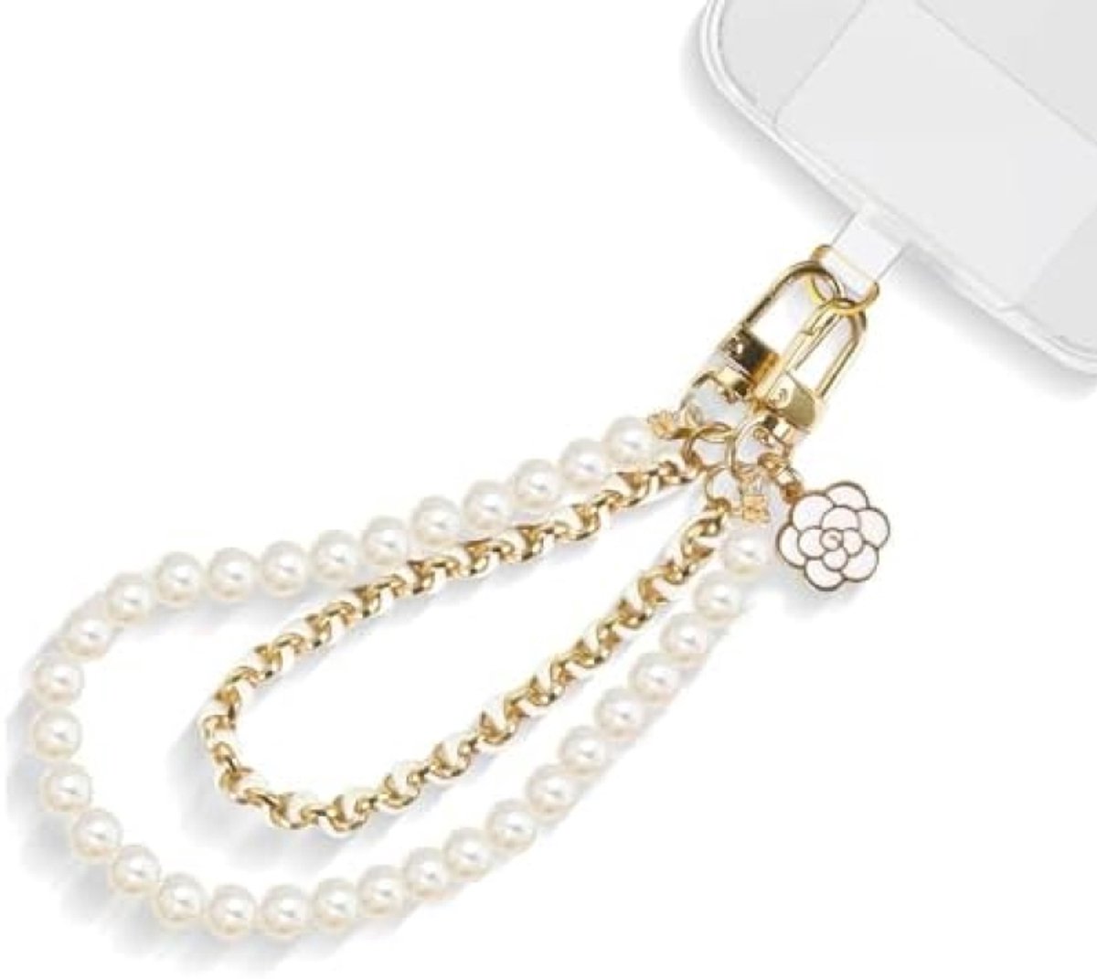 Elegante telefoonarmband met dubbele ketting en parels