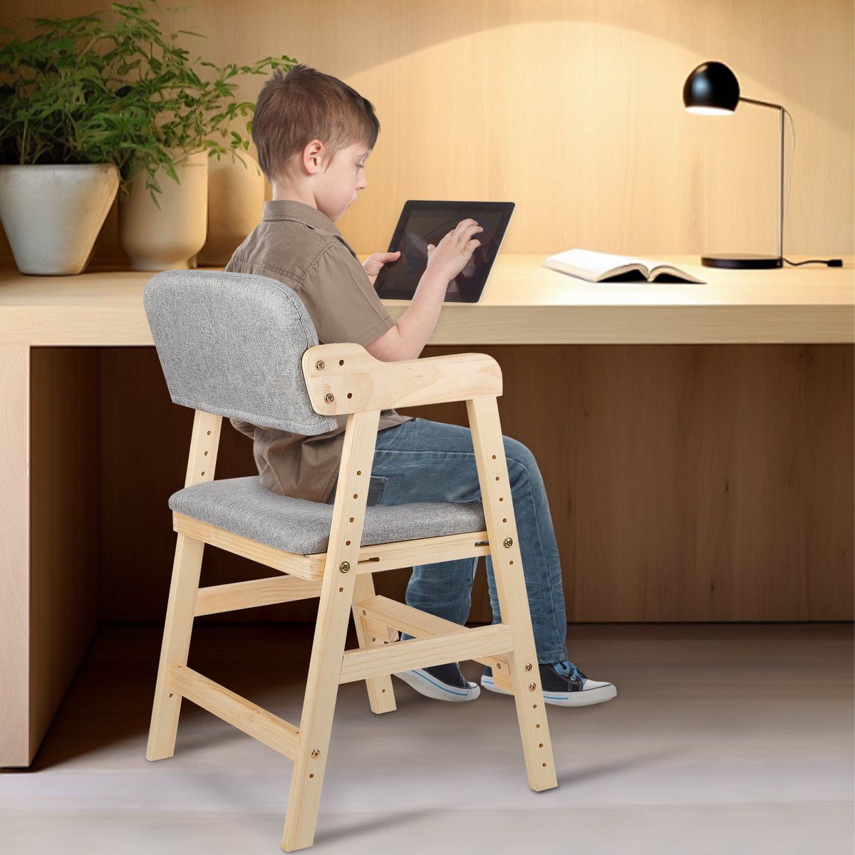PIPIPOXER Kinderstoel in hoogte verstelbare houten voor kinderen van 2 tot 12 jaar, om te eten en te leren-Grijs thumbnail 6