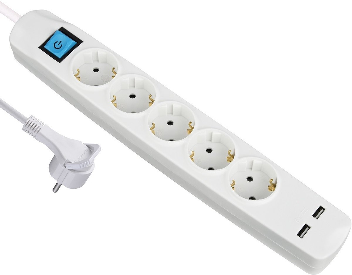 MaxTrack stekkerdoos met 5 contacten en 2x USB / wit - 5 meter
