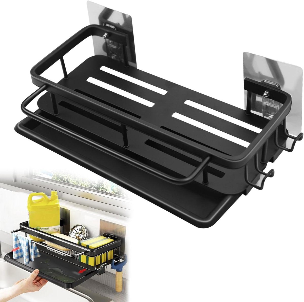 Orivio - Hangende Gootsteenorganizer Zwart Aluminium Organizer voor Keuken Spoelbak Handdoekhouder en Haken_PROPERTY_SEPARATOR Toiletartikelen en Keukengerei Opties