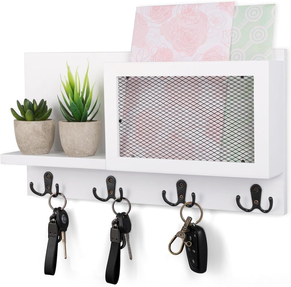 Orivio - Muurgemonteerde Brieven en Sleutelhouder met 8 Haken - Decoratieve Muur Brieven Organizer - Rustiek Metalen Sleutelhanger Plank voor Huis, Entree, Hal, Woonkamer of Berging.