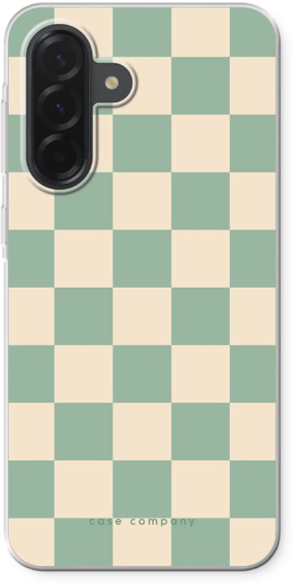 Transparant telefoonhoesje met een mintgroen en crème geblokt patroon.