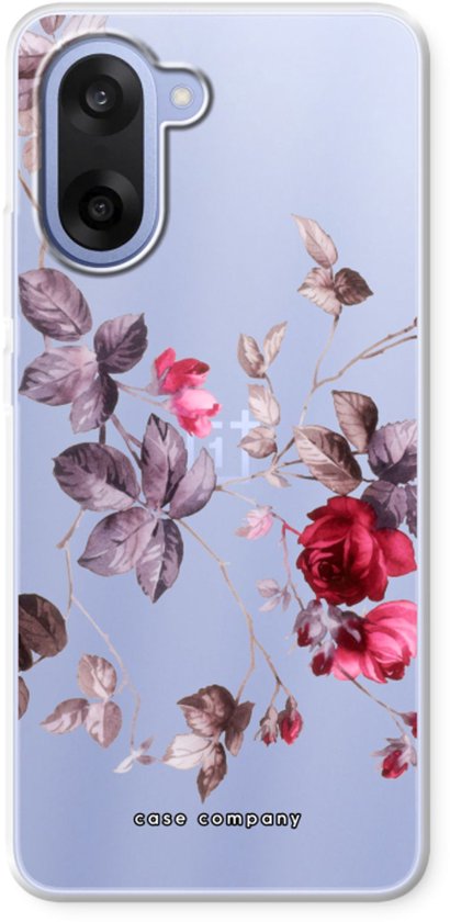 Doorzichtig hoesje met roze en rode bloemen op een lichte achtergrond.