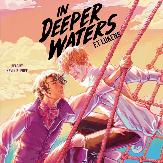 Twee jongens met roze stropdassen en wit overhemd klimmen op een touw, met de tekst 'In Deeper Waters' en 'F.T. Lukens' boven hen.