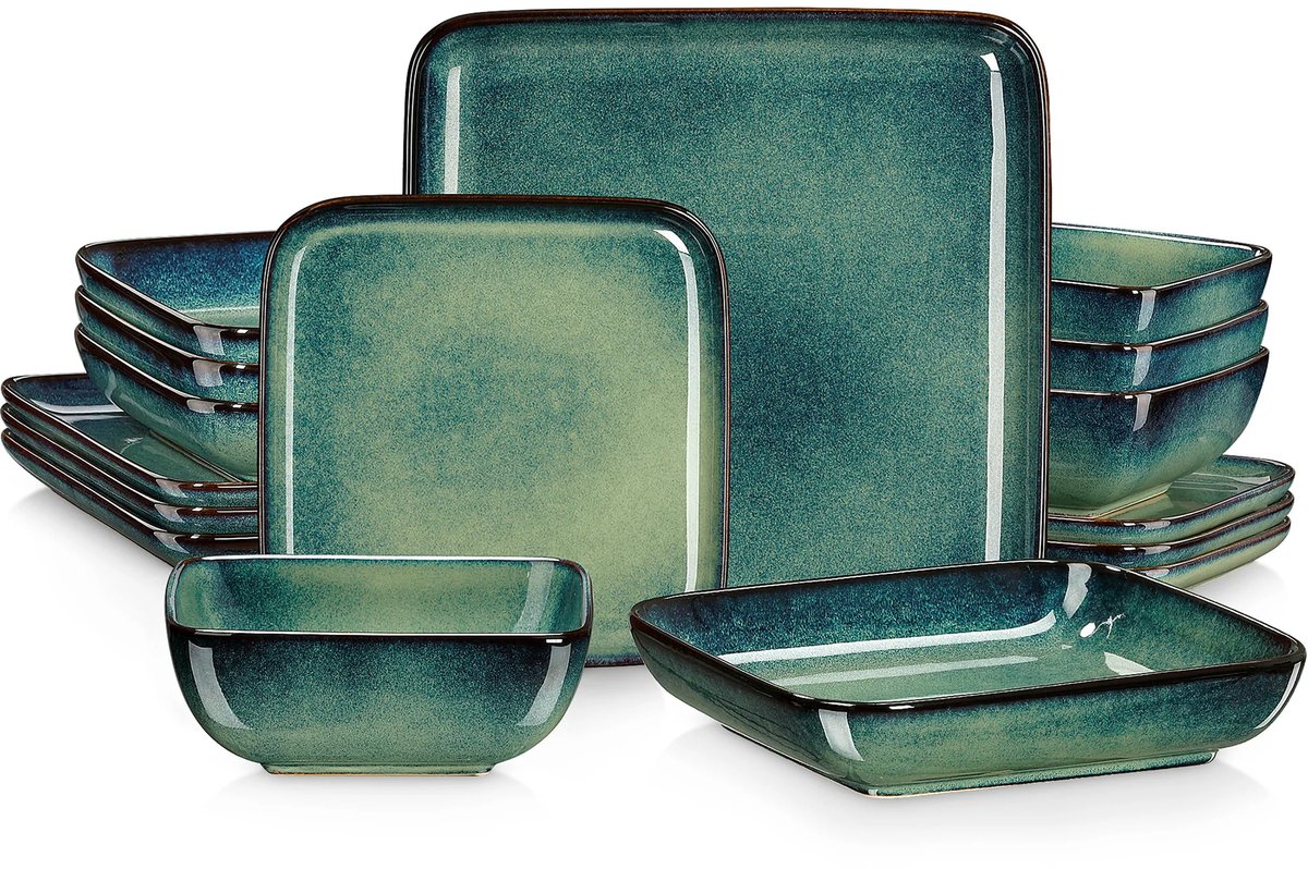 NaevaMi Serviesset - Keramisch Servies - Dinerborden - Dessertborden - Schalen - Koffiekopjes - Complete Tafelservies Set - Serviesset 4 Persoons - 16 stuks - Groen