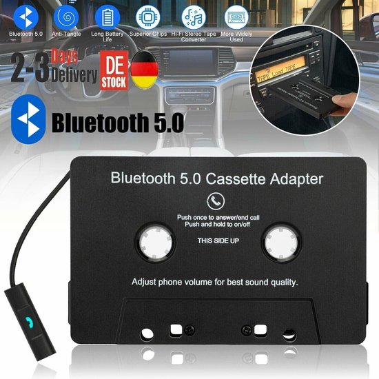 Bluetooth cassette adapter – draadloos – auto – zwart