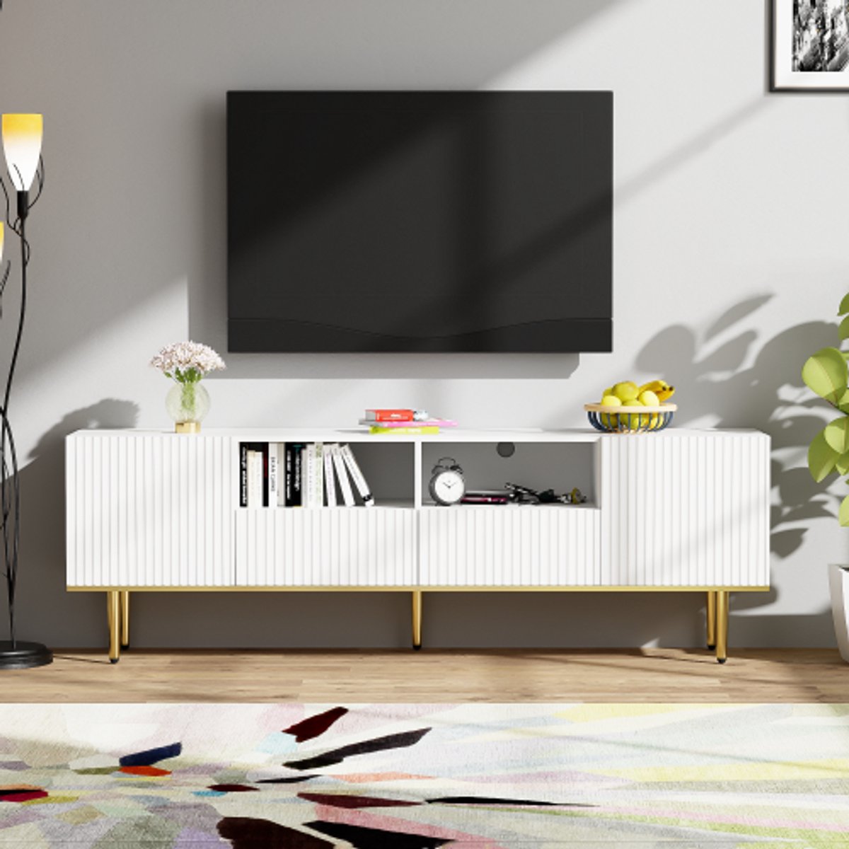 Moderne tv-kast 165×36×55 cm – Tv-meubel met gouden poten en gouden rand, geschikt voor 60–69 inch tv, elegant design met royale opbergruimte
