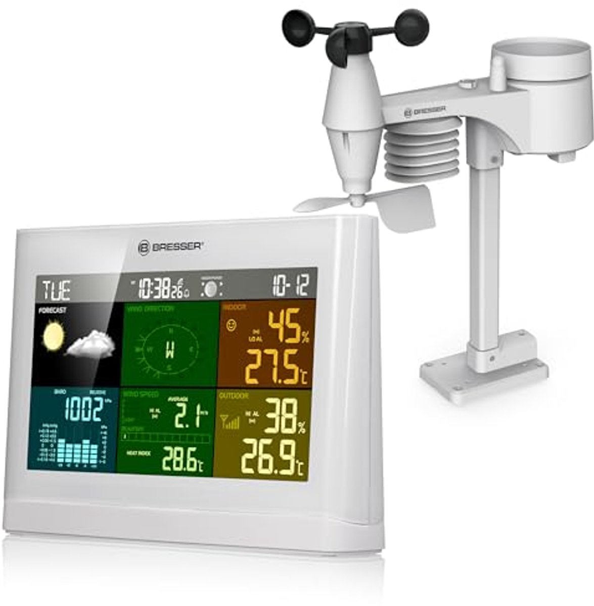 Draadloos weerstation met 5-in-1 buitensensor voor temperatuur, luchtdruk, luchtvochtigheid, windmeter en regenmeter