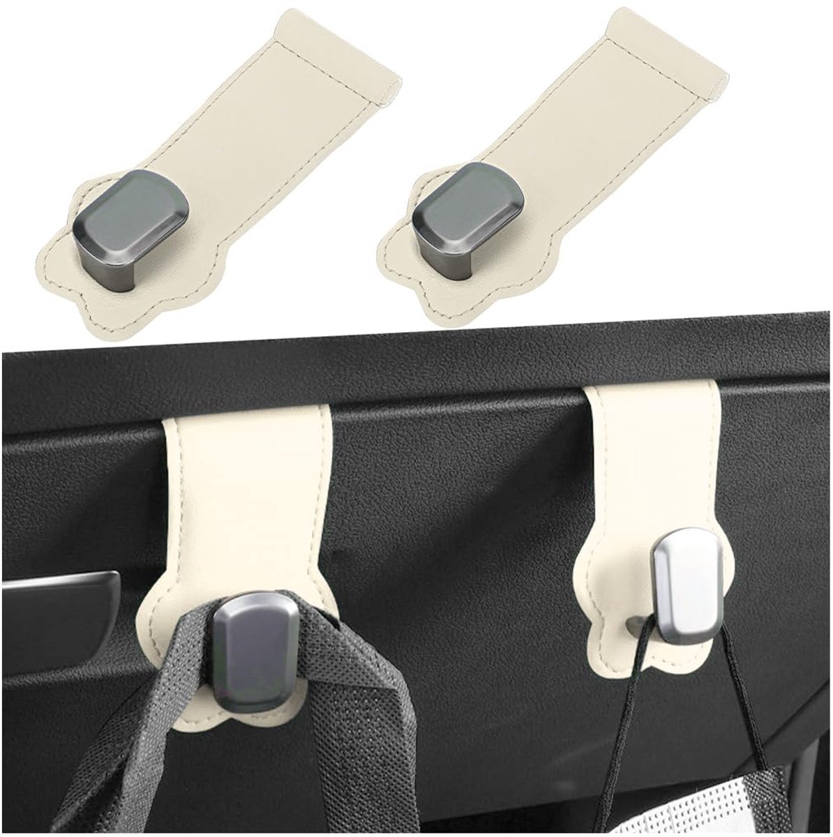 Image of 2 stuks autohaken, universeel, hoofdsteunen, autohaken, autoleer, metalen haken, auto-opslag, tashaken, autostoel, achterbank, organizer, haken, auto-accessoires, interieur, beige