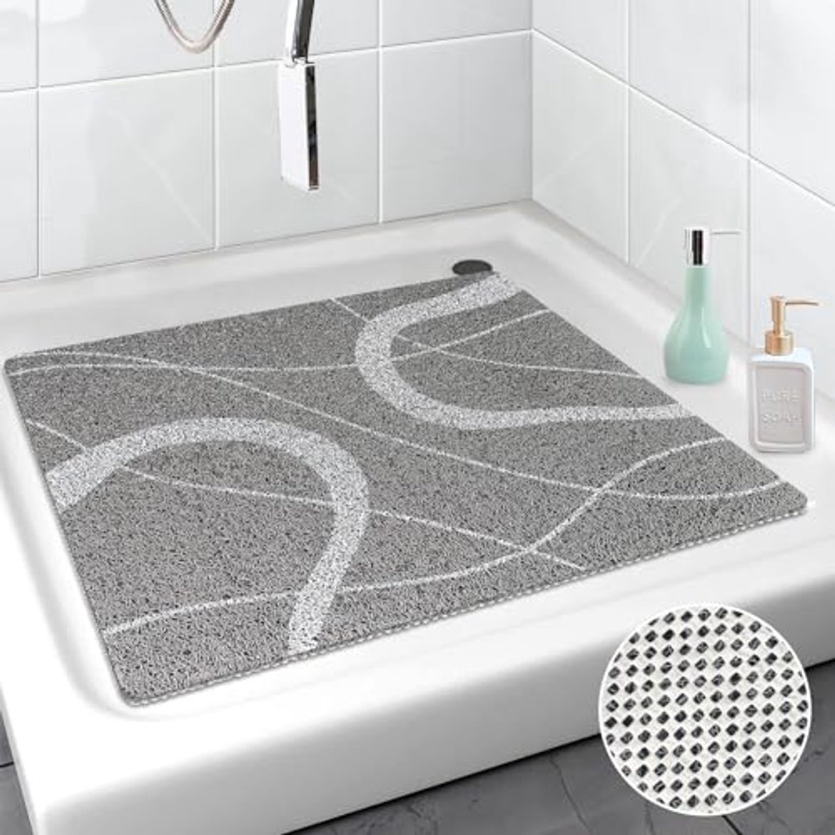 Antislip Douchemat 80 x 80 cm - Zachte PVC Luffa, Sneldrogend met Afvoeropening, Veilige Massagemat voor Senioren