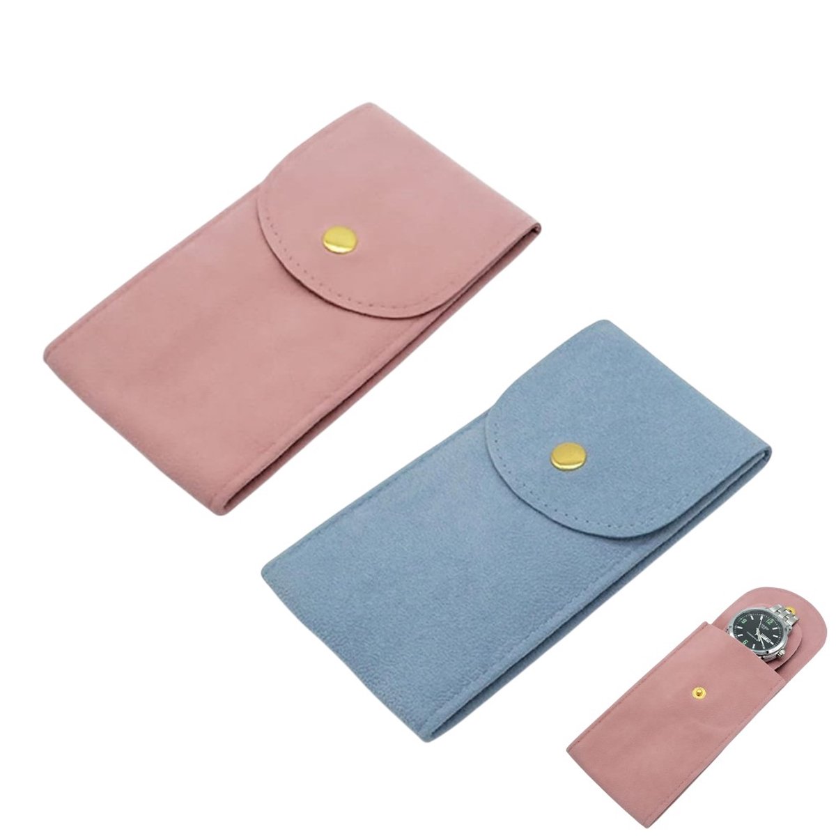 2 stuks - Horloge opbergtas, fluwelen horlogetas, sieraden opbergtas, geschikt voor horloges en sieraden, roze en blauw 13X7cm