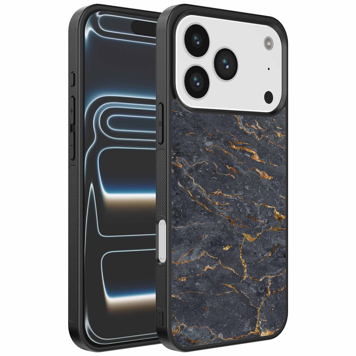 Geschikt voor iPhone 17 Pro Telefoonhoesje met Grijs Goud Marmer Opdruk - TPU Backcover Case Grey Gold Marble Design - Zwart - Smartphonica geschikt voor iPhone 17 Pro