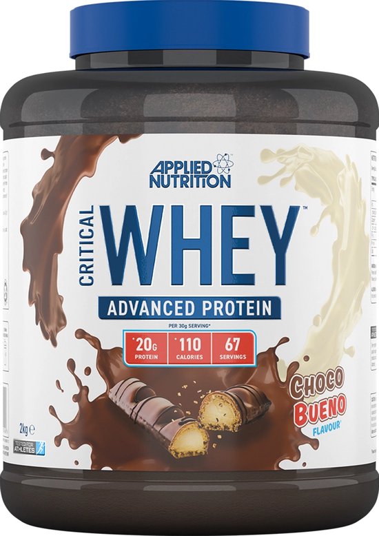 Applied Nutrition Critical Whey Choco Bueno smaak eiwitpoeder in een donkere pot met blauw deksel. Verpakking toont chocoladesplash en chocobonbons.