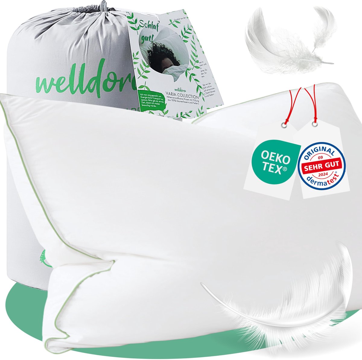 Welldora Premium Hoofdkussen 40x80 cm – 100% Natuurlijke Dons en Veren – Ergonomisch Neksteunkussen – Medisch Getest – Oeko-Tex Gecertificeerd - Hoofdkussen Nekklachten - Kussen voor Zijslaper en Rugslaper