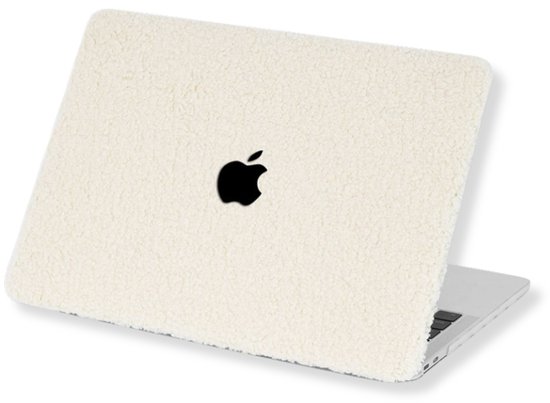 Housse MacBook teddy crème, entrouverte, avec logo Apple.