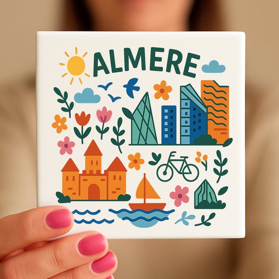 Carreau Almere - 15×15 cm - Céramique - Souvenir décoratif - Avec support/chevalet transparent - Cadeau - Carreaux avec texte