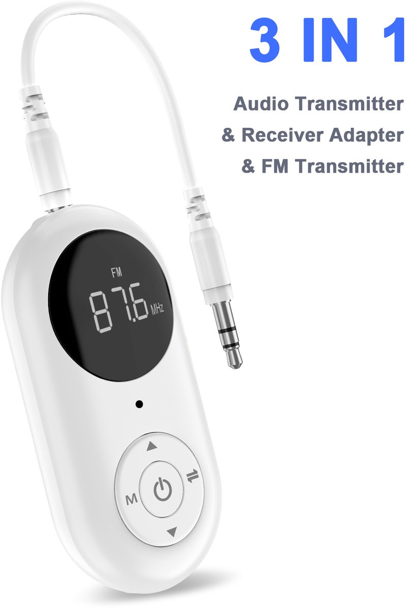 3-in-1 AUX Bluetooth 5.3-adapter, FM Bluetooth 5.3-audio-ontvanger en -zender 3,5 mm AUX draadloze stereomuziekadapter met microfoon voor hoofdtelefoons, luidsprekers en tv's