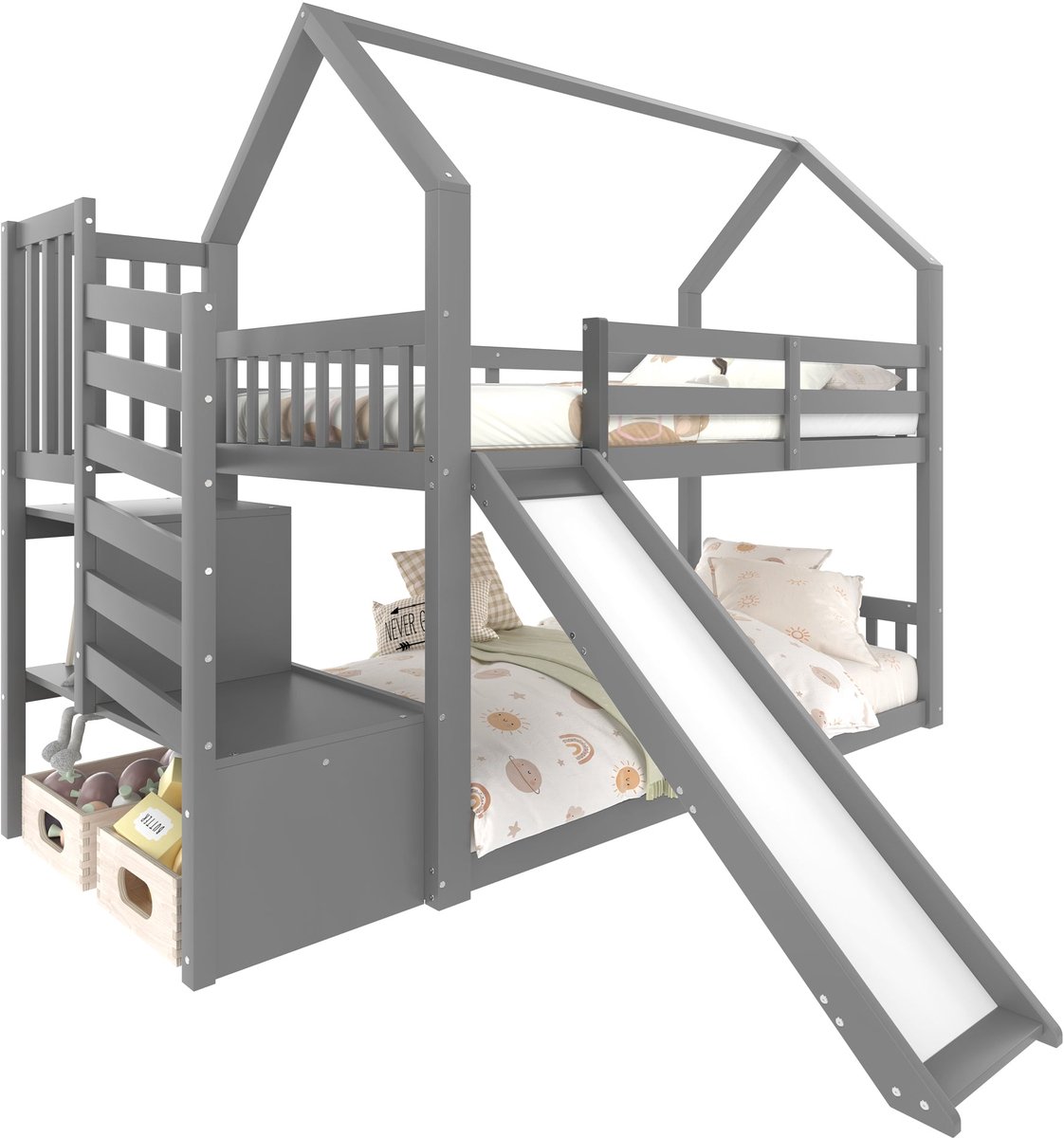 Merax Stapelbed of Hoogslaper met Glijbaan en Opbergruimte in Trap – Huisvorm – 90×200 cm – Grijs