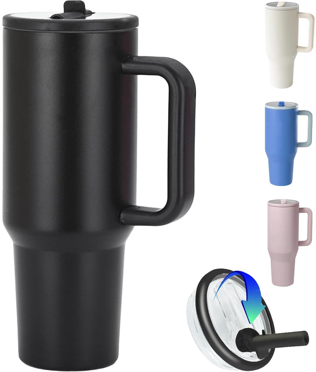 Ibenzoa® Grote herbruikbare thermosbeker met rietje en handvat voor onderweg