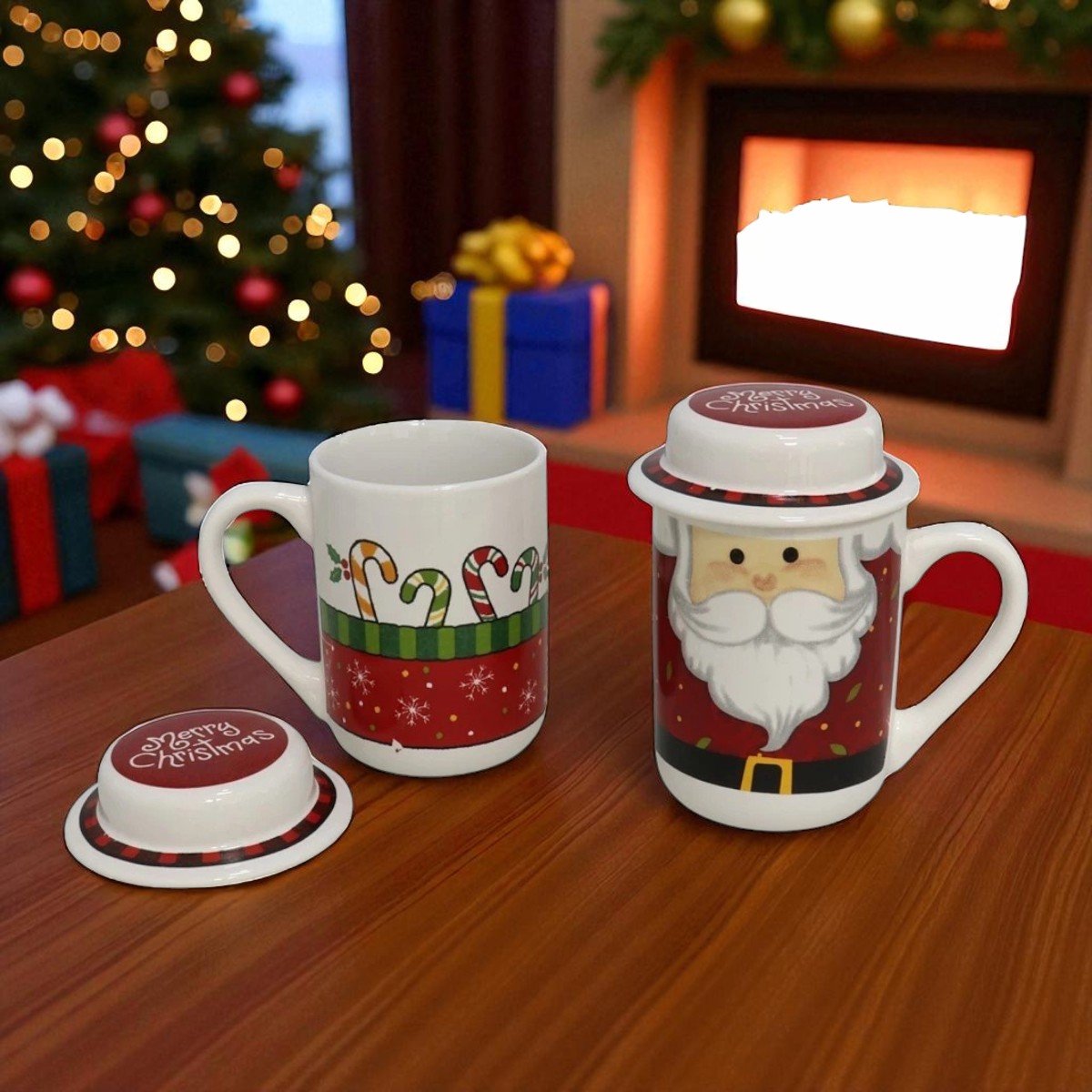 Set van 2 keramieken kerstmokken met deksel – 400 ml – kerstman & zuurstokken