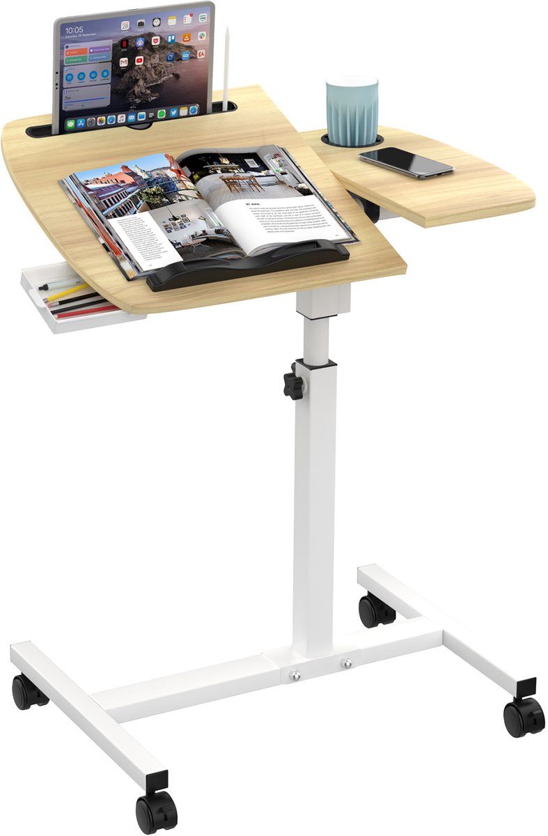 PIPIPOXER- Laptoptafel en Bijzettafel op wielen – bedtafel – laptoptandaard – In hoogte verstelbaar-Hout