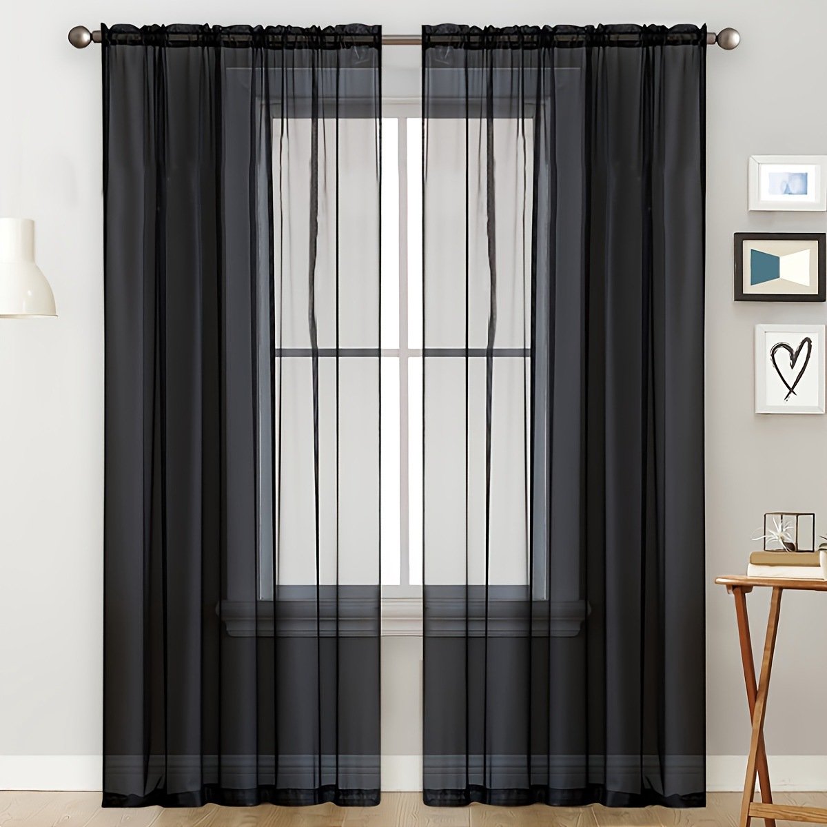 Set van 2 semi-transparante ringgordijnen voor slaapkamer, woonkamer, huis, 132 x 241 cm,Zwart