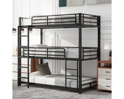 90x200cm bedframe metalen bed, stapelbed, ijzeren bed, driedubbel stapelbed voor kinderen, tieners en volwassenen, zwart