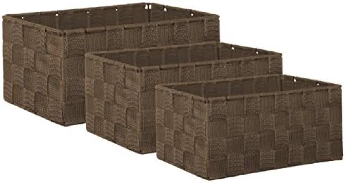 PromoHome 3-delige set gevlochten opbergmanden - Stevig frame - Bruin