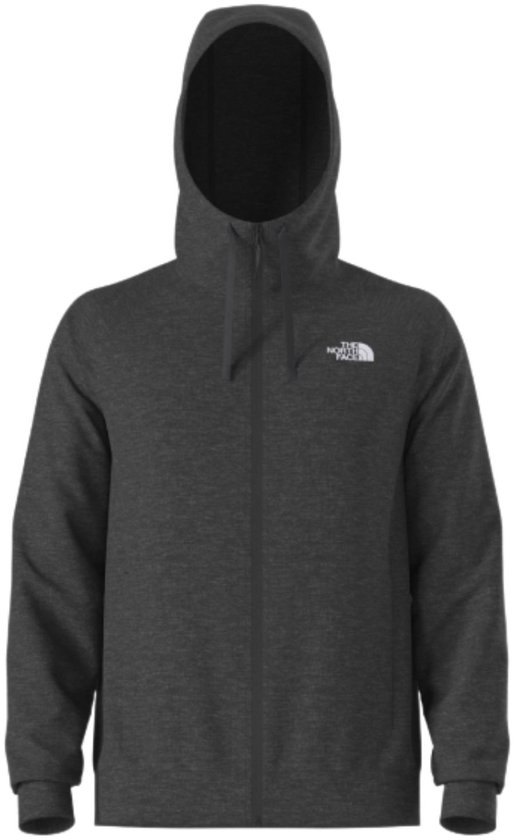 Veste grise à capuche, fermeture éclair avant et logo blanc 'The North Face' sur la poitrine.