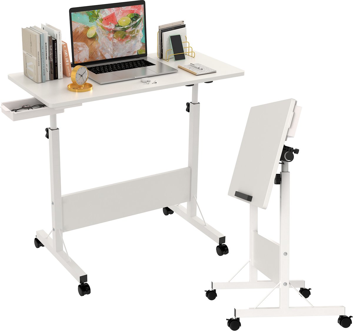 PIPIPOXER- Opvouwbare Laptoptafel met wielen, computertafel, bijzettafel, bureau, mobiele statafel, bedtafel, in hoogte verstelbaar, 80x40x64-89cm, Wit