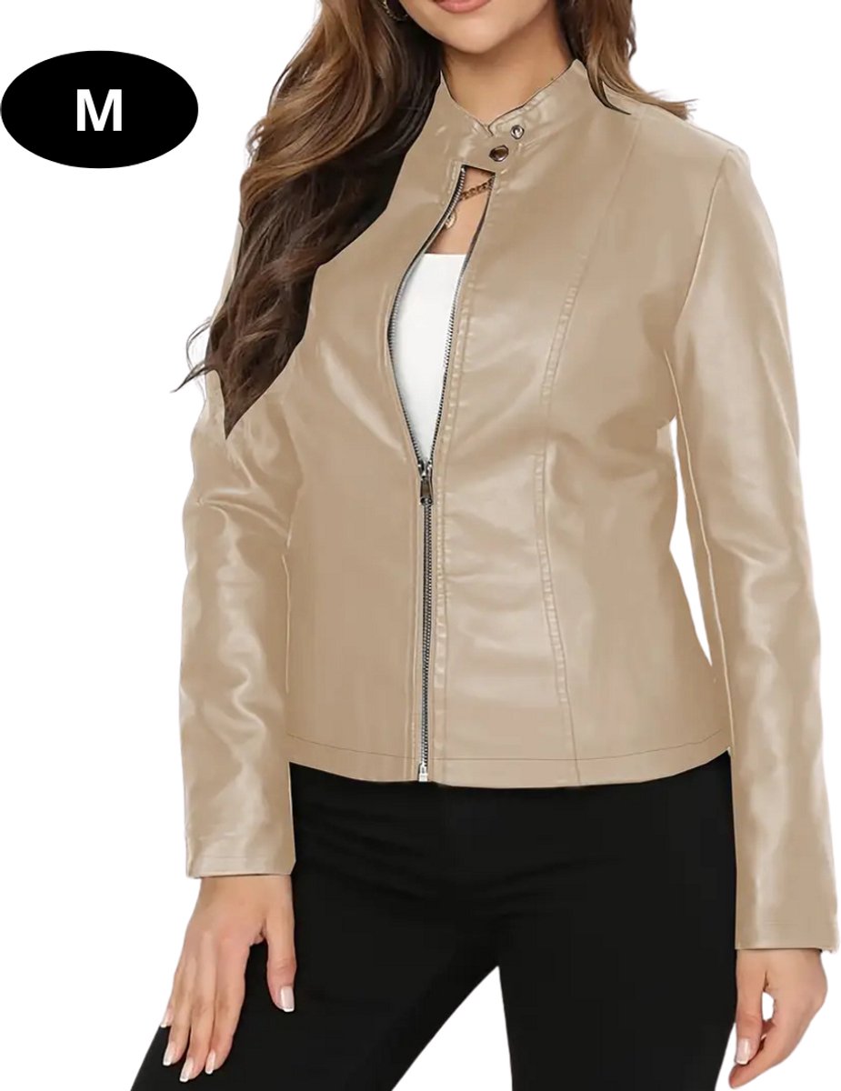 Bovista Kunst Leren Jas Leather Jacket Lederen Jas Bomberjack Pilotenjack Blazer Biker Motorjas Motormuis Dames Beige