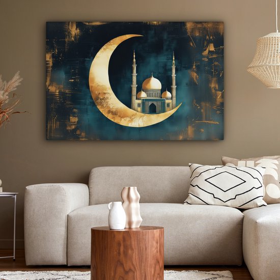 Peinture sur toile 120x80 cm - Décoration murale Mosquée - Croissant de lune - Or - Ramadan - Islamique - Décoration murale salon - Décoration chambre - Accessoires chambre - Peintures sur toile