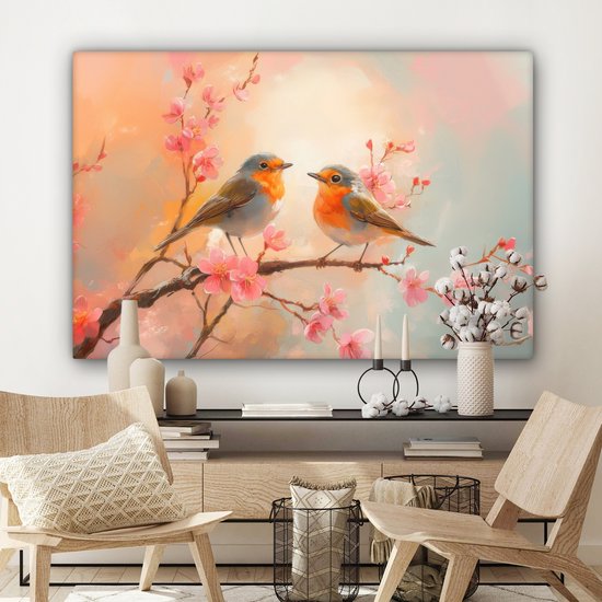 Tableau sur toile 120x80 cm - Décoration murale Rouge-gorges - Gracieux - Branche fleurie - Décoration murale salon - Décoration chambre - Accessoires chambre - Peintures sur toile